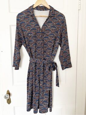 J McLaughlin Brynn Dress Catalina Cloth Wrap Dress XL Navy and Brown Geometric